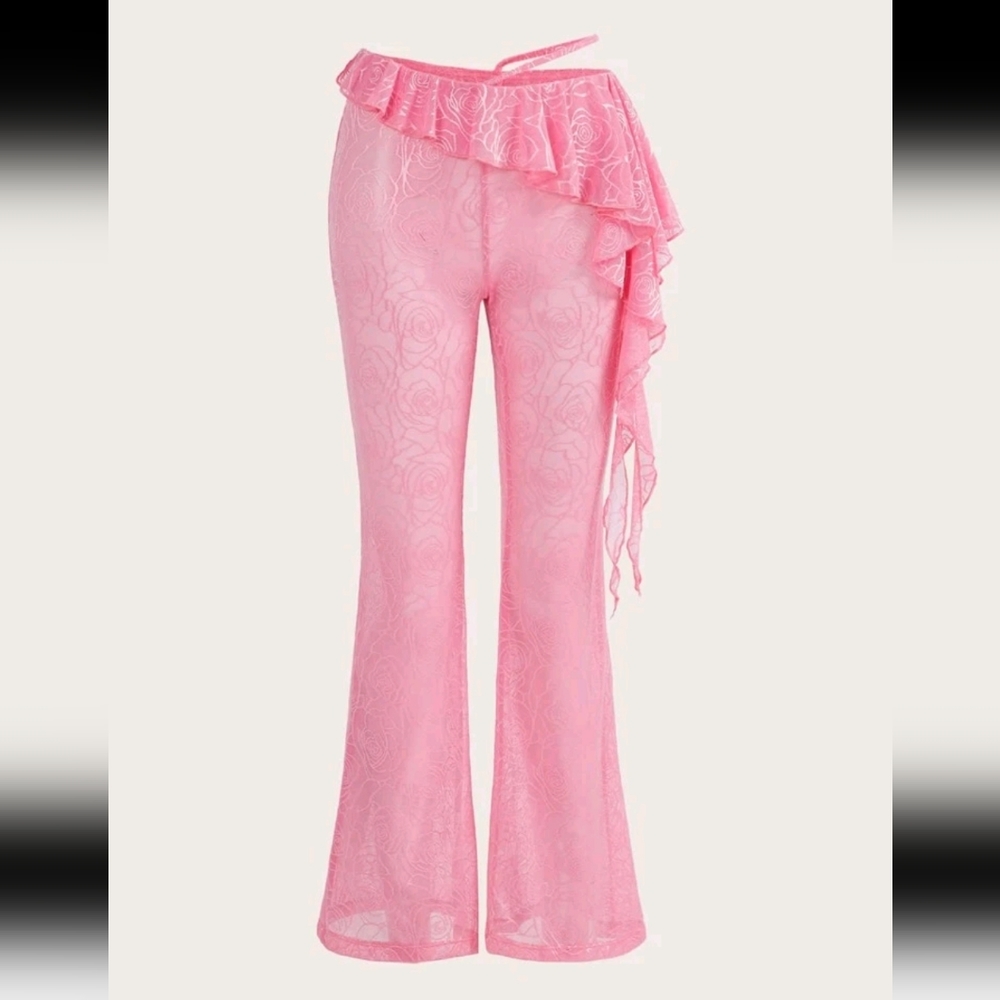 💖 SHEIN ICON Allover Print Ruffle Trim Flare Leg Pants